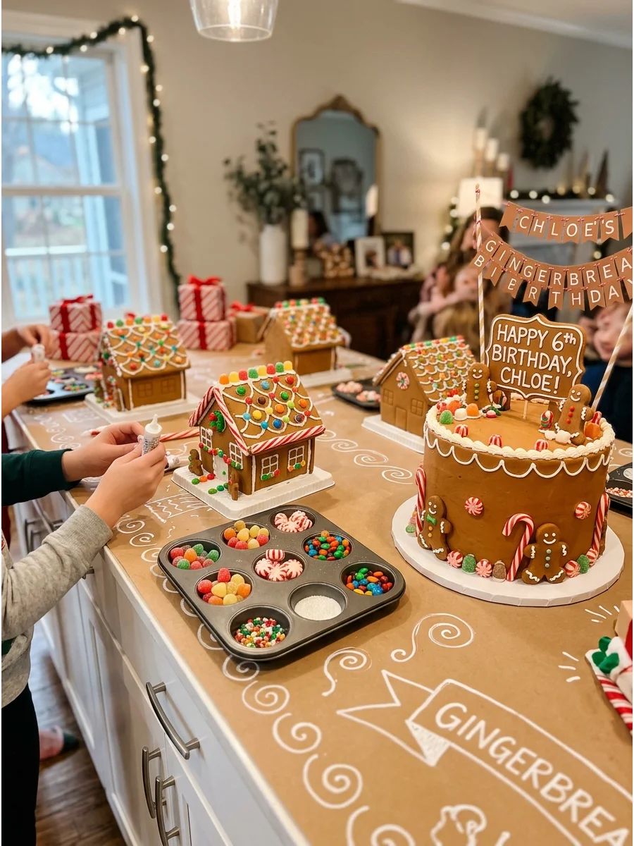 A kitchen island set up for gingerbread decorating with a themed birthday cake.