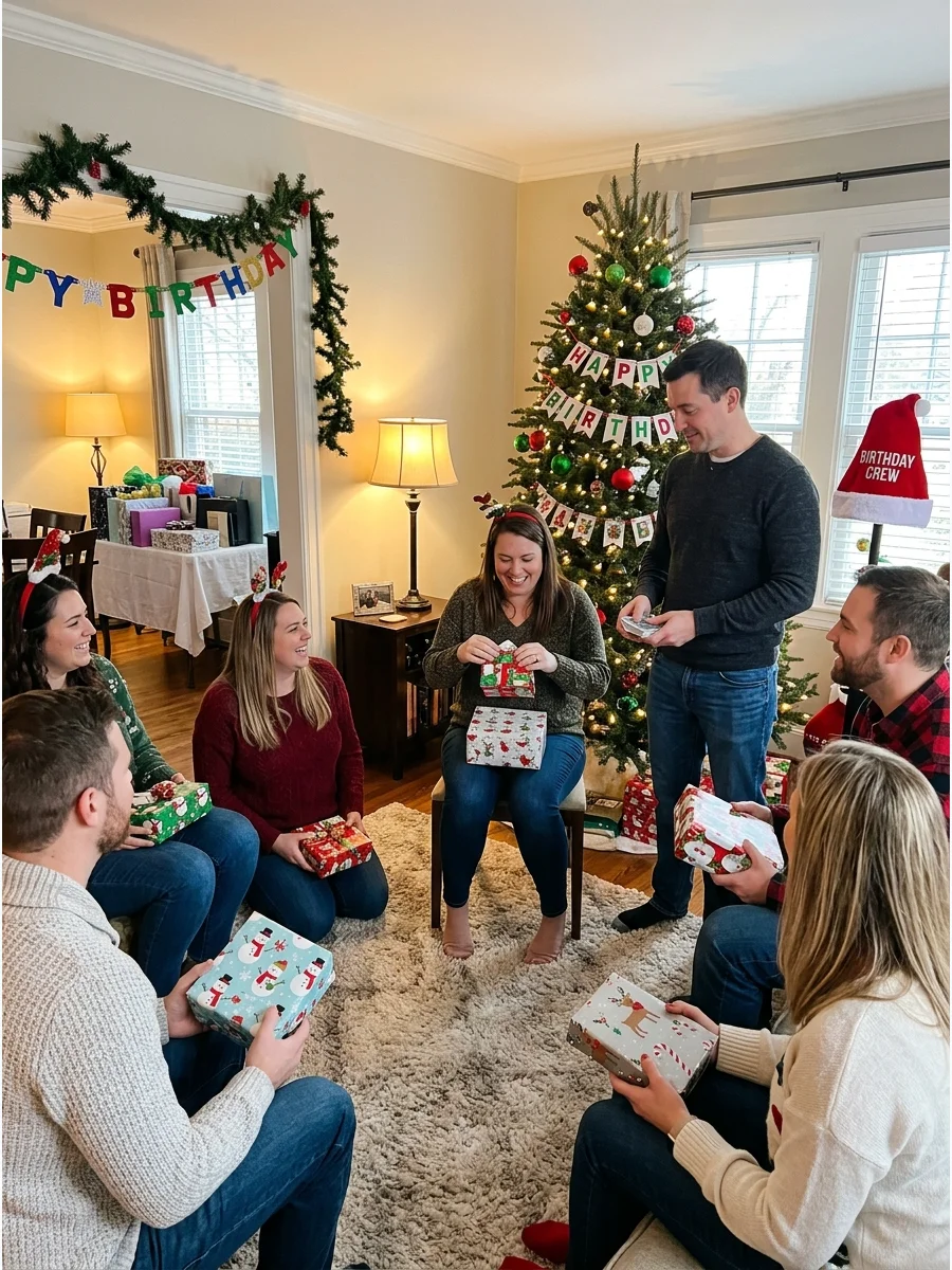 Guests participating in a gift exchange in a festive living room.