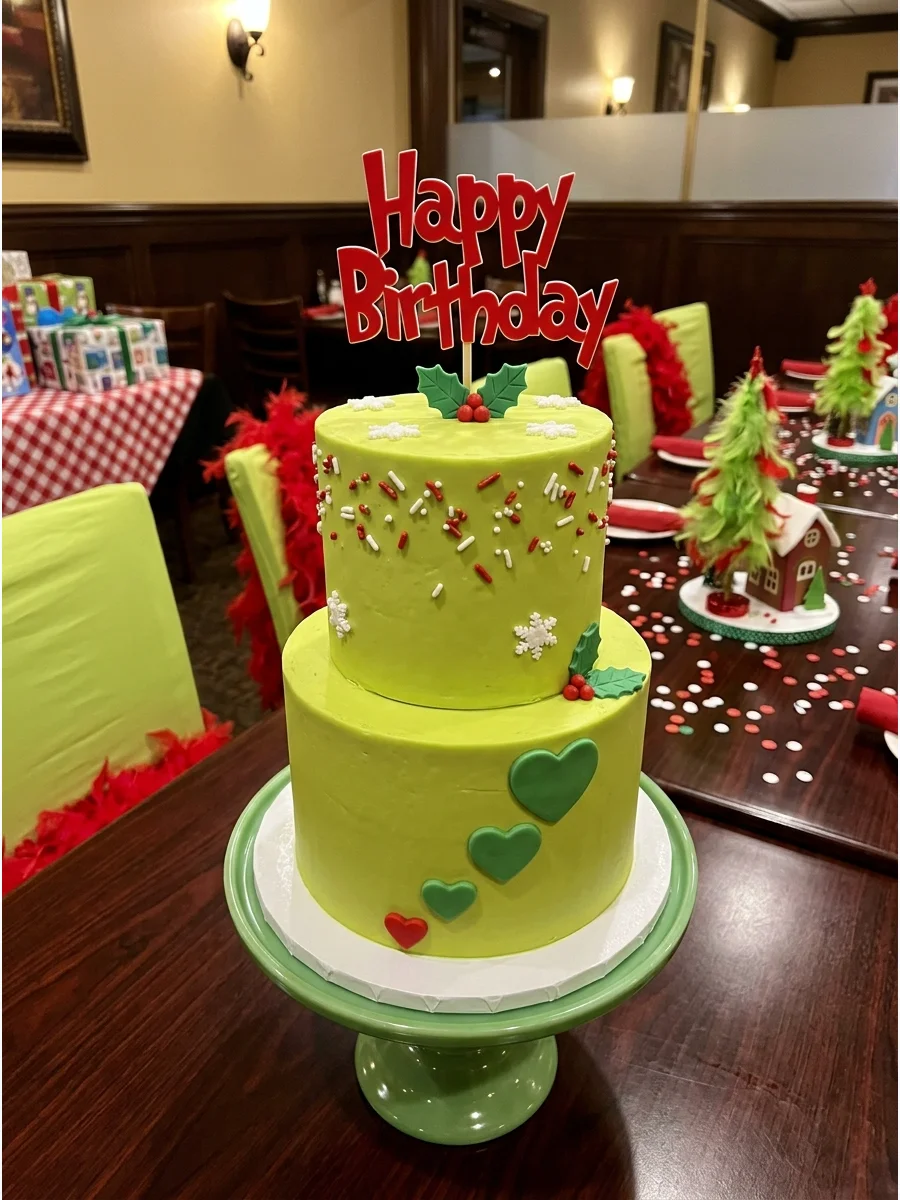 A green and red Grinch themed birthday party in a private room.