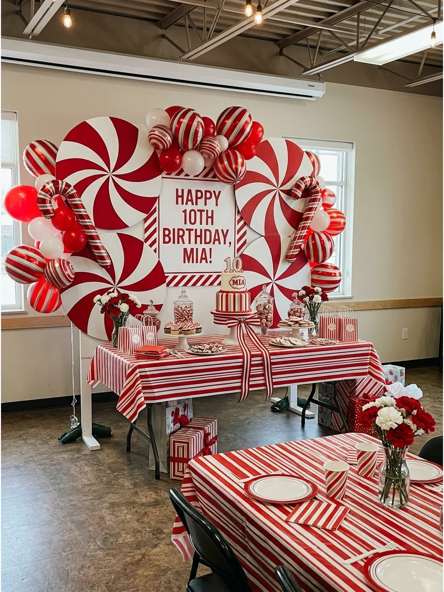 A party room decorated with red and white stripes and giant peppermint candy props.