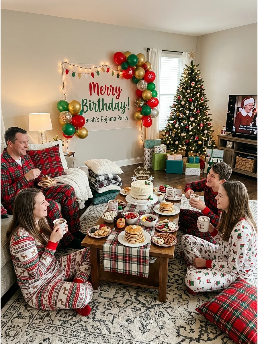 A cozy pajama birthday party setup in a living room.