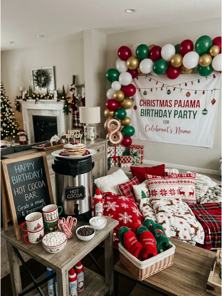 A cozy living room setup with pillows and a hot cocoa bar for a pajama party.