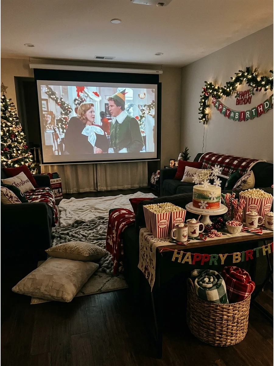 An indoor movie night setup with holiday lights and popcorn.