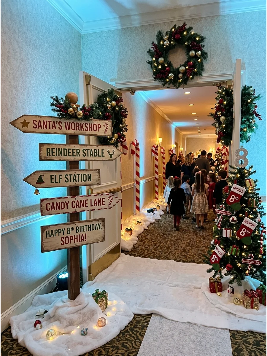 A banquet hall entrance with a North Pole signpost and fake snow on the floor.