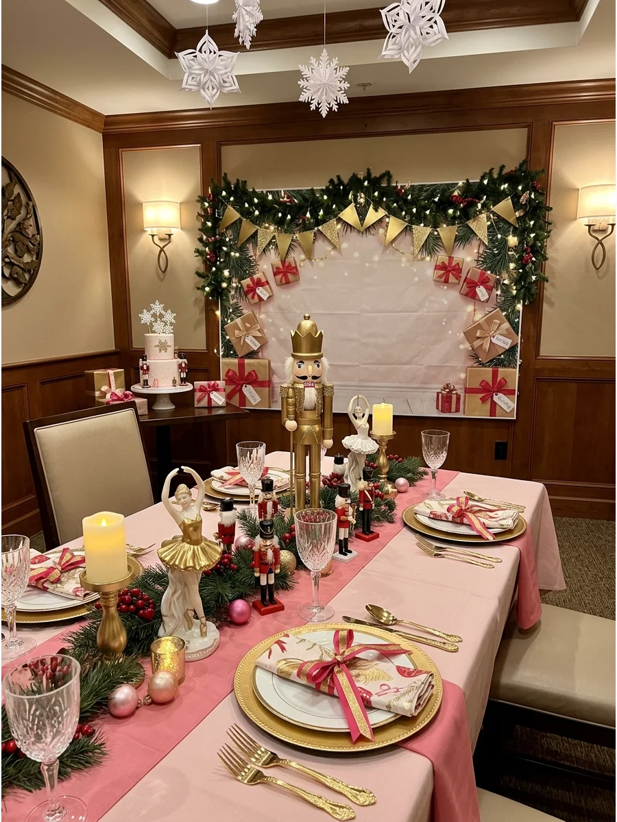 A pink and gold Nutcracker themed birthday table.