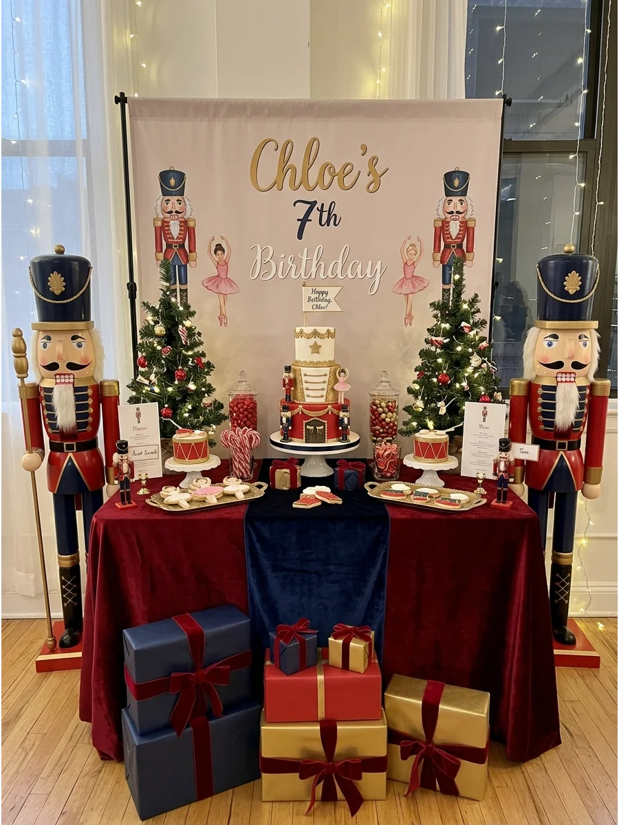 A sophisticated party setup with large nutcrackers and a red velvet table runner.