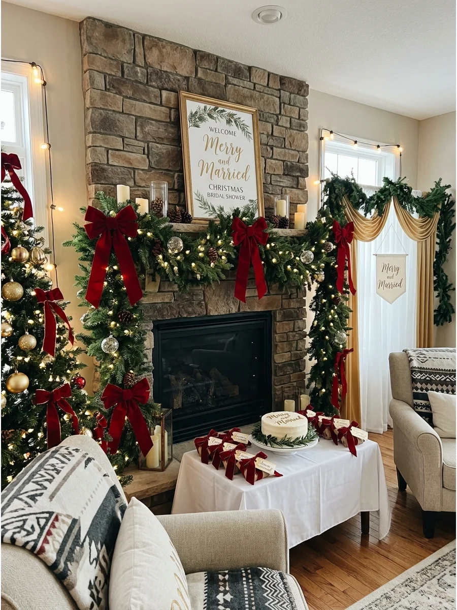 Evergreen garland with red bows on a fireplace mantle.