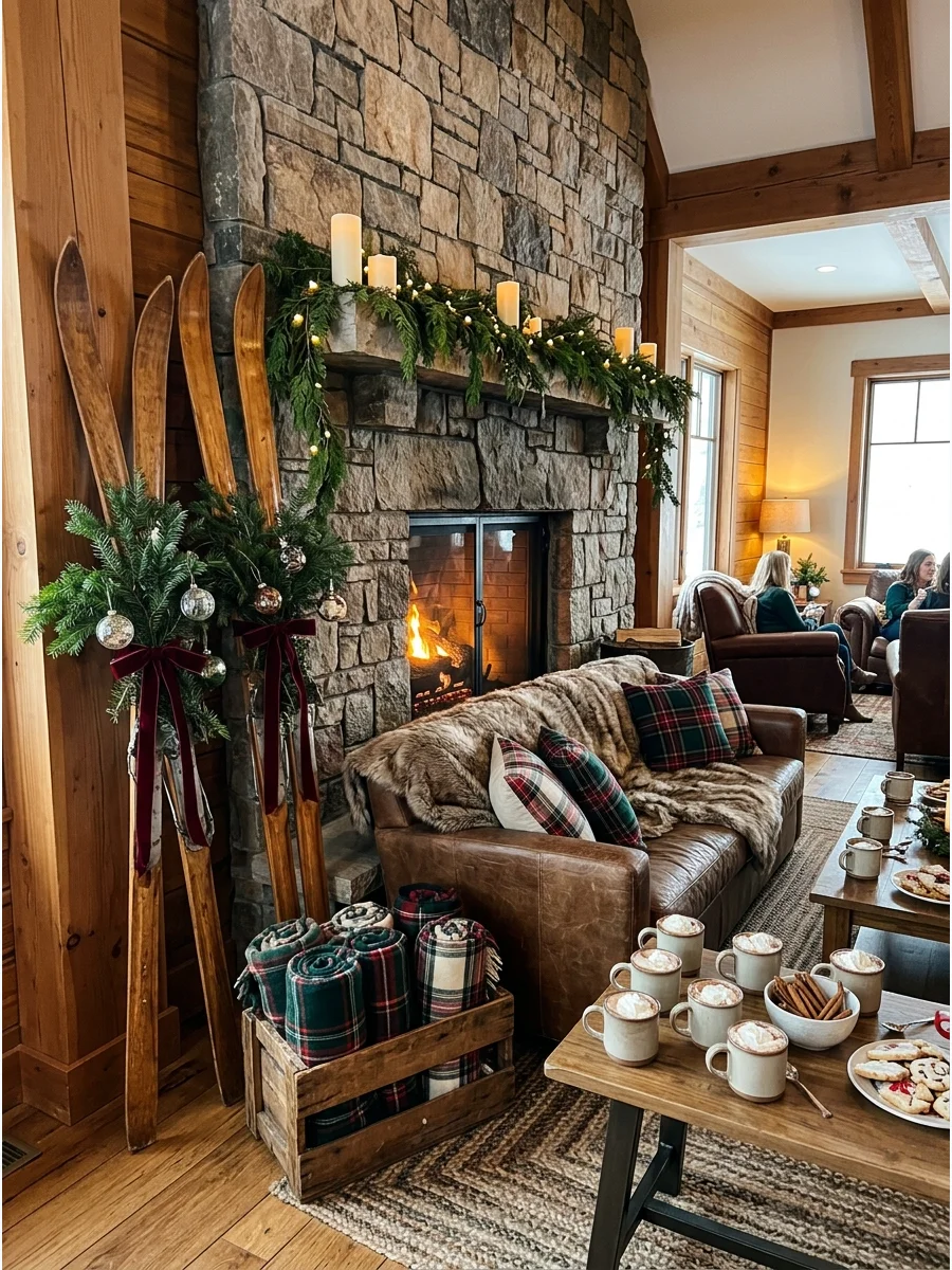 Vintage skis and blankets by a stone fireplace.