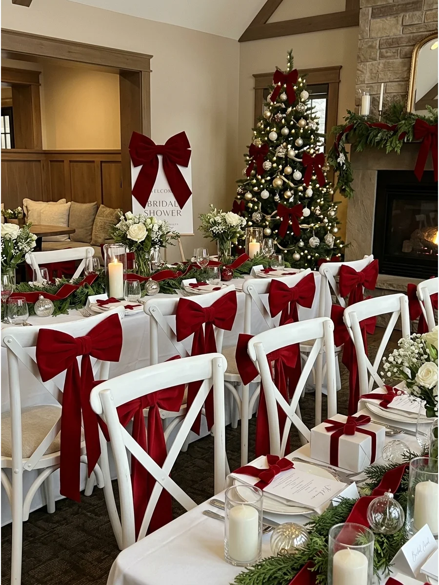 Red velvet bows tied to white chairs for a Christmas bridal shower.