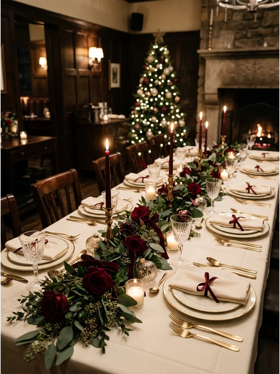 Burgundy and gold table setting with candles and flowers.