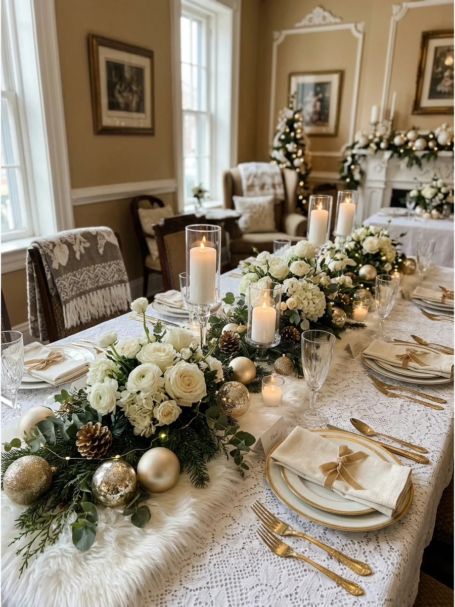 White and gold Christmas bridal shower decor with flowers.