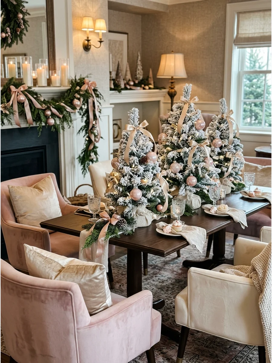 Pink and gold Christmas trees on a table for a bridal shower.