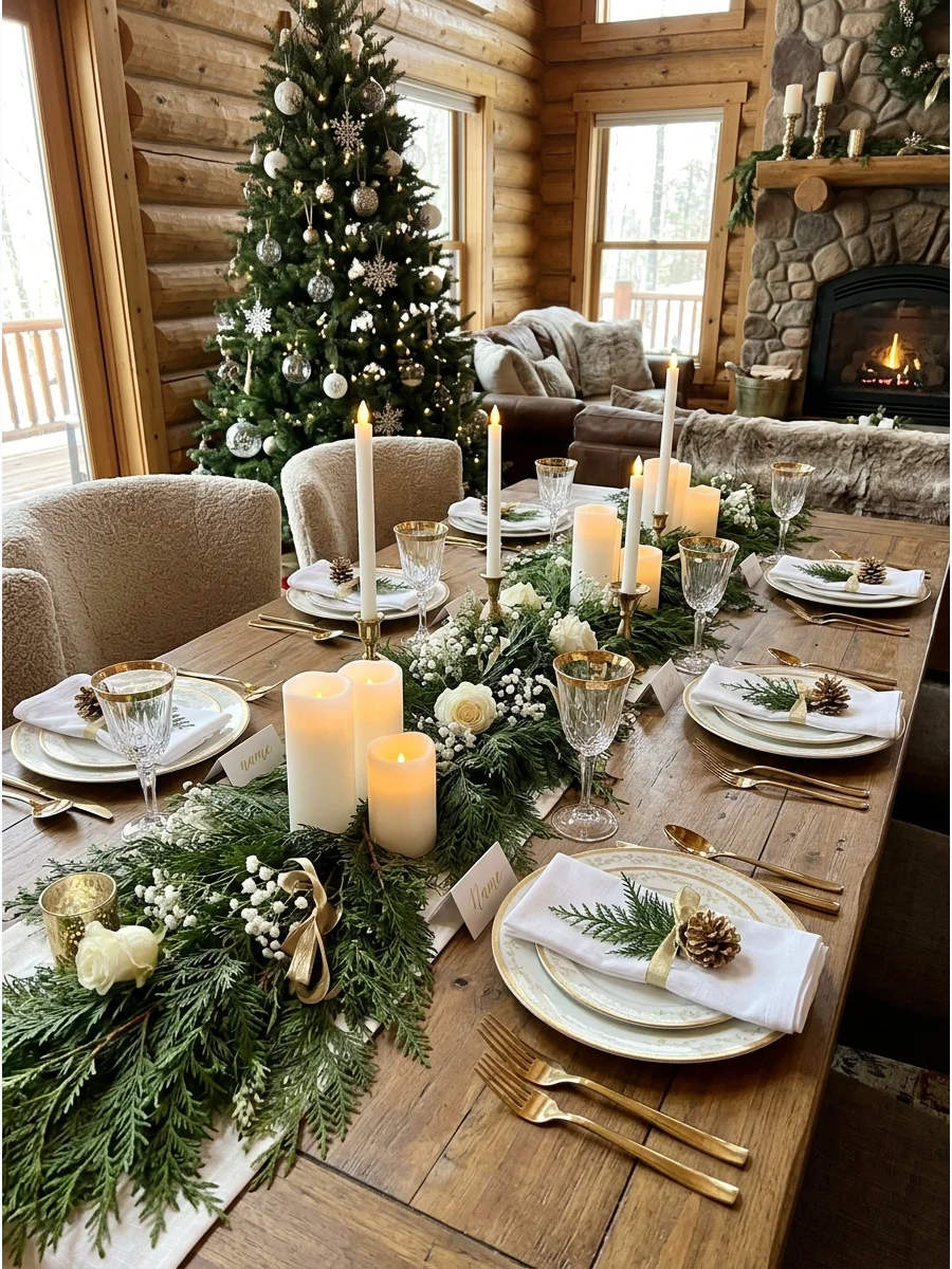 Evergreen garland and candles on a wooden table.