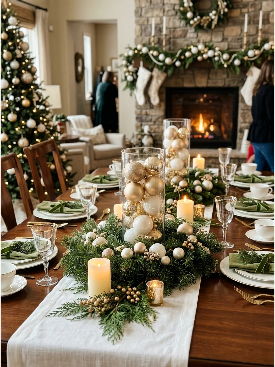 Glass vases filled with ornaments as bridal shower centerpieces.