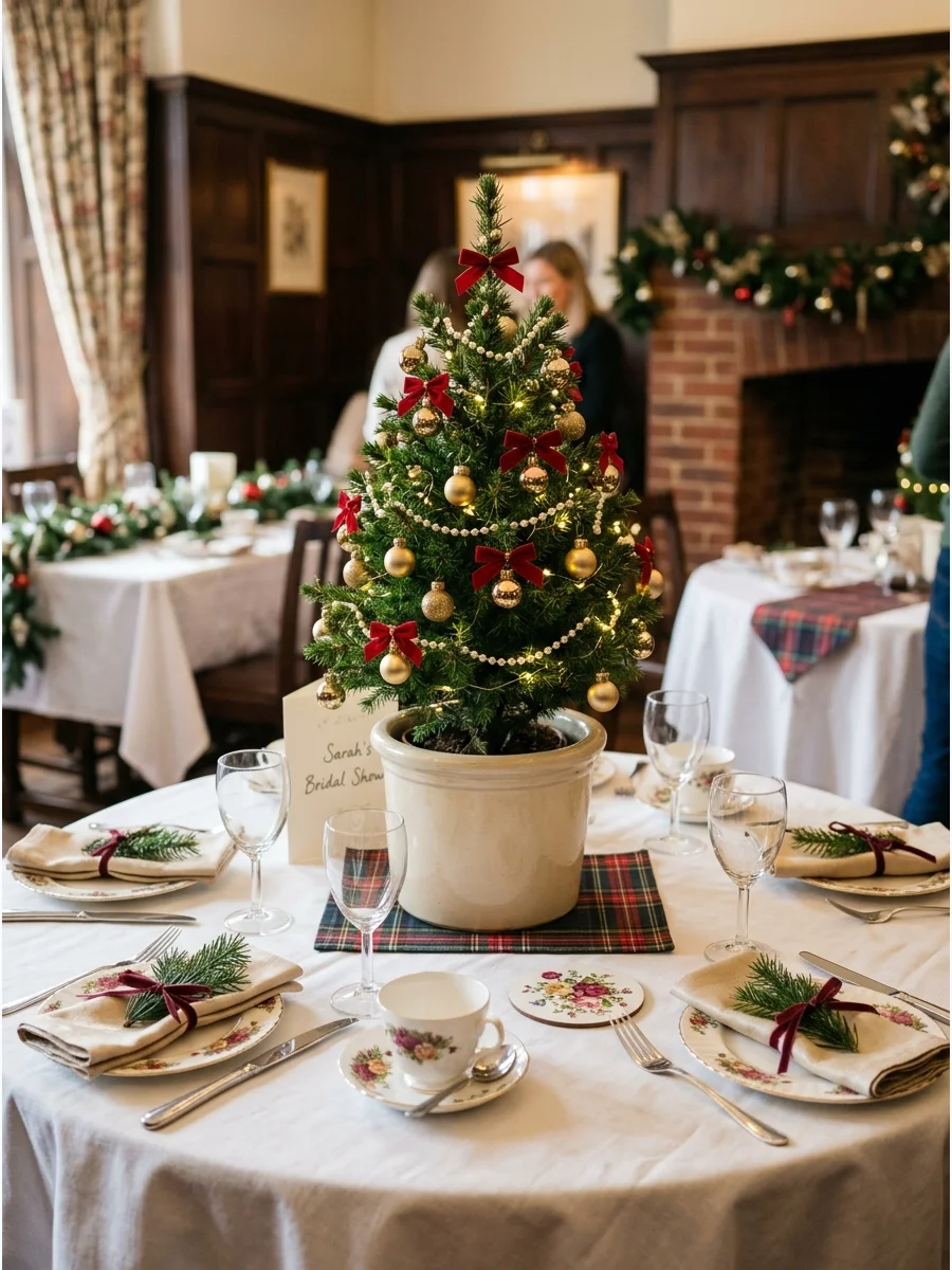 Miniature Christmas tree centerpiece on a decorated table.