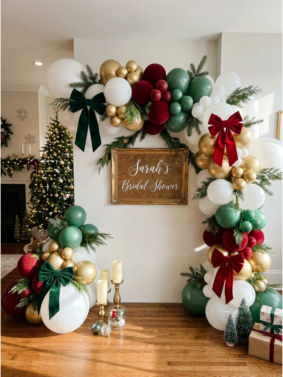 Green and gold balloon arch with pine branches for photos.
