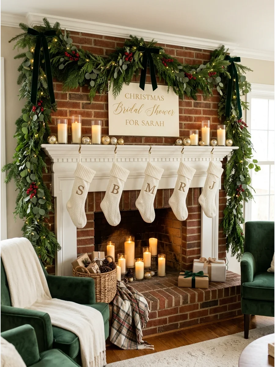 Decorated fireplace mantel with a bridal shower sign.