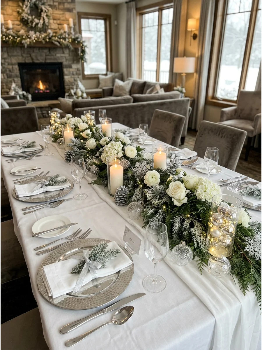 White and silver winter wonderland table setting.