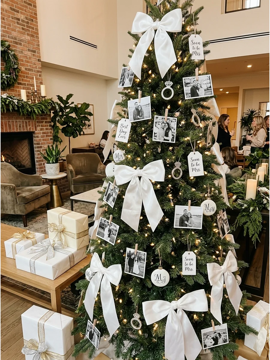 Christmas tree decorated with photos and white bows.