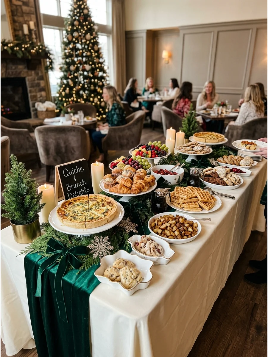 A festive brunch buffet with quiche and pastries decorated with holiday greenery.