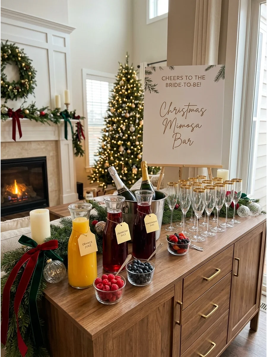 A mimosa bar with various juices and champagne on a wooden sideboard.