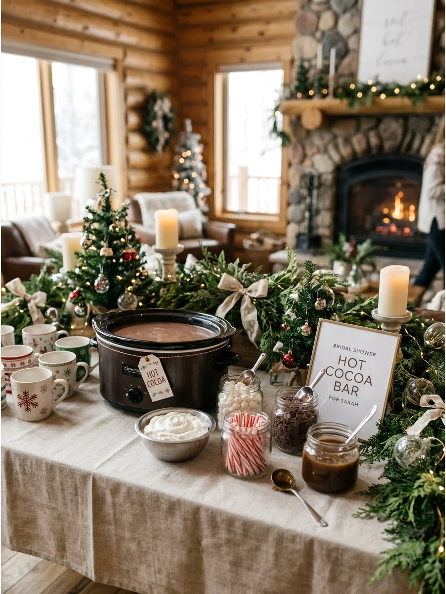 A cozy hot cocoa bar with mugs and toppings on a rustic table.