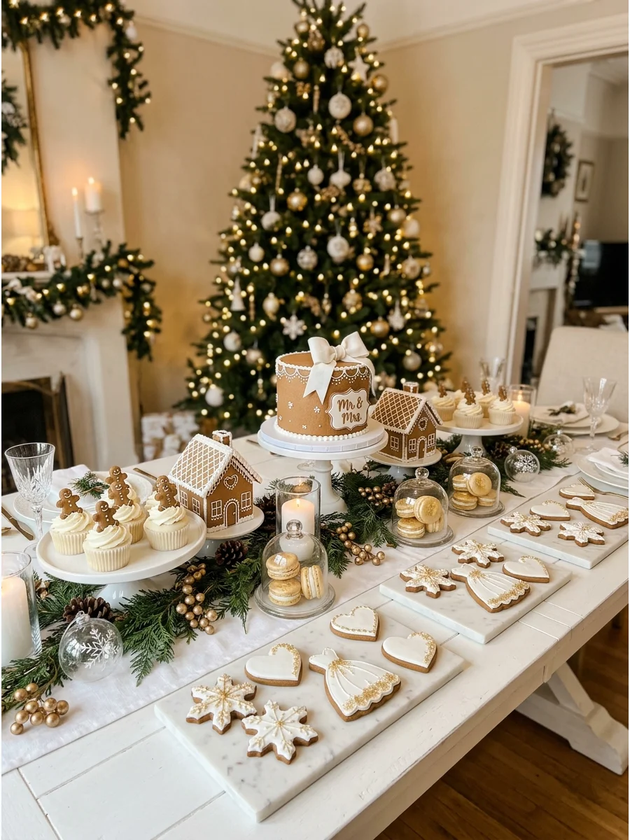 A dessert table with gingerbread houses and gold macarons near a Christmas tree.