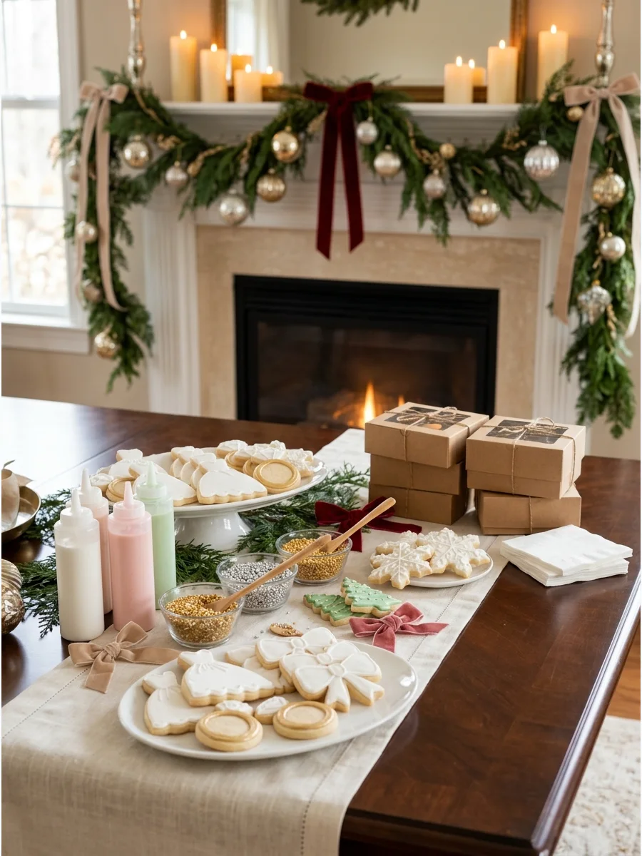 A cookie decorating station with wedding-shaped cookies and gold sprinkles.