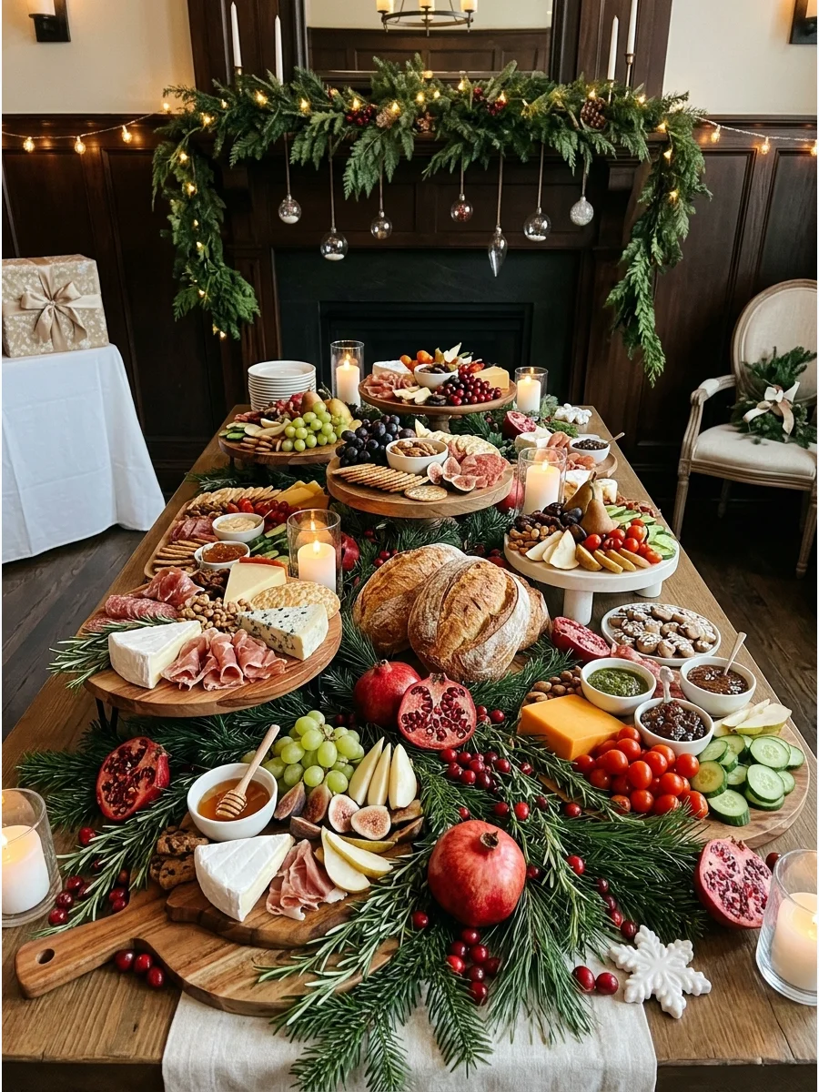A large grazing table with cheeses and winter fruits in a restaurant setting.