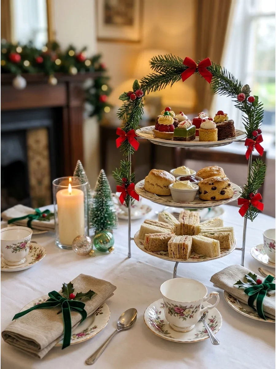 A traditional afternoon tea setup with tiered stands and holiday decor.