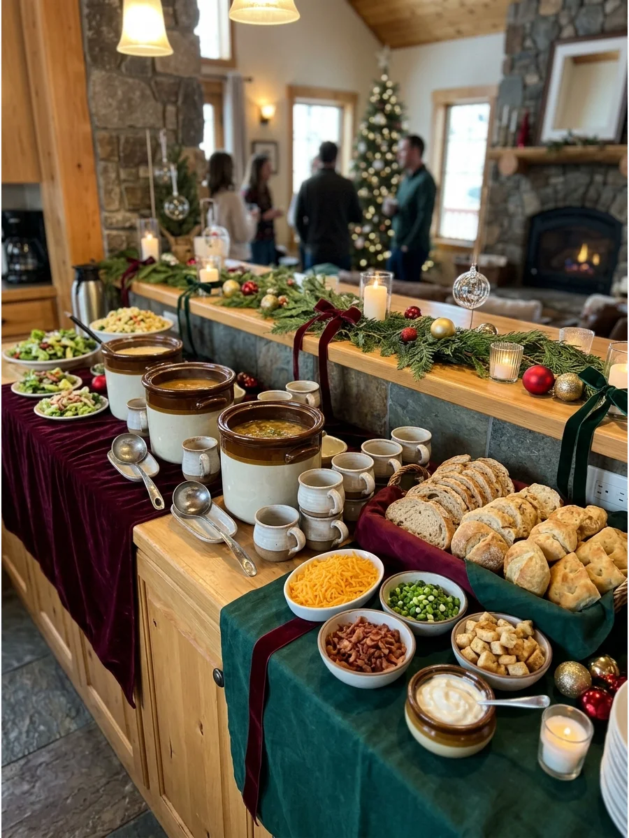 A soup and bread bar with ceramic crocks and baskets of rolls.