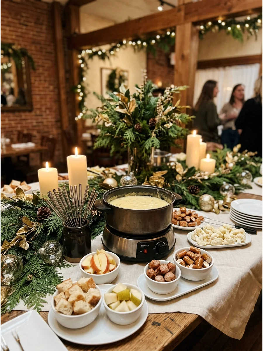 A fondue station with a warm pot and various dipping items on a table.