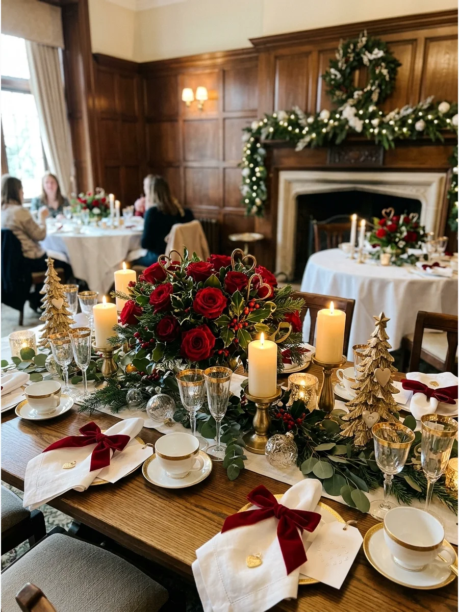 Red roses and holly on a tea room table.