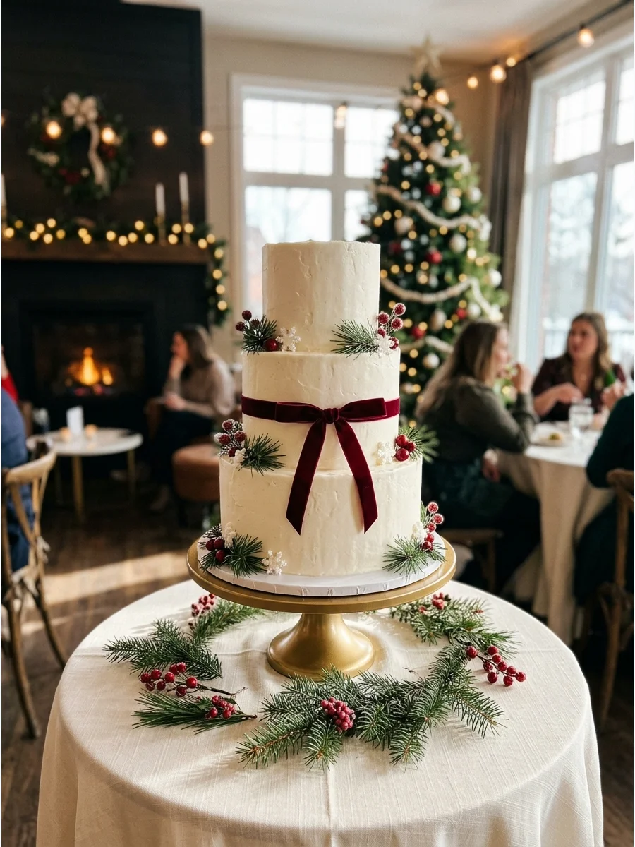 A white bridal shower cake with pine greenery and a velvet bow.