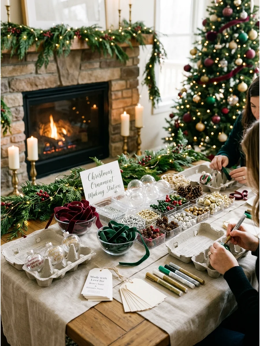 A craft station with clear ornaments and velvet ribbons on a wooden table.