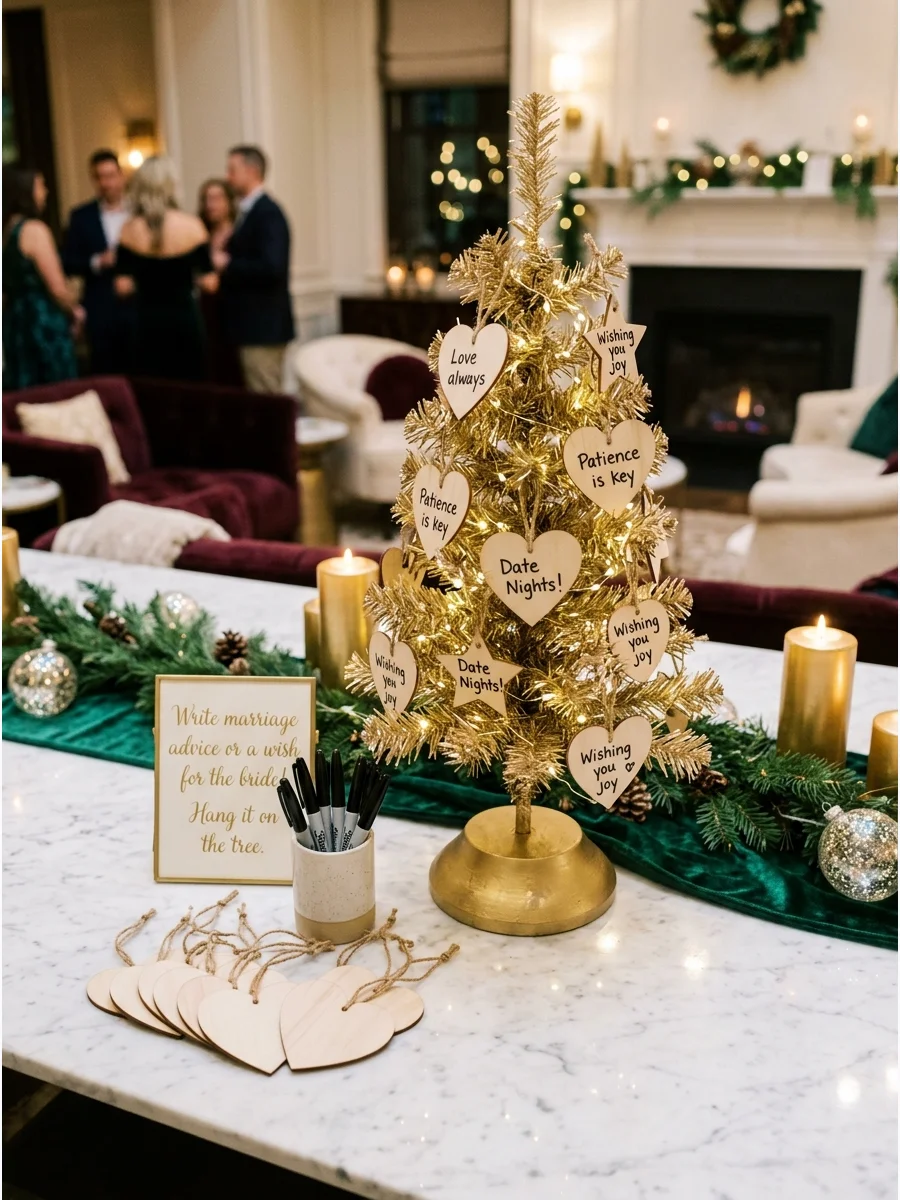 A small Christmas tree decorated with wooden hearts containing handwritten messages.