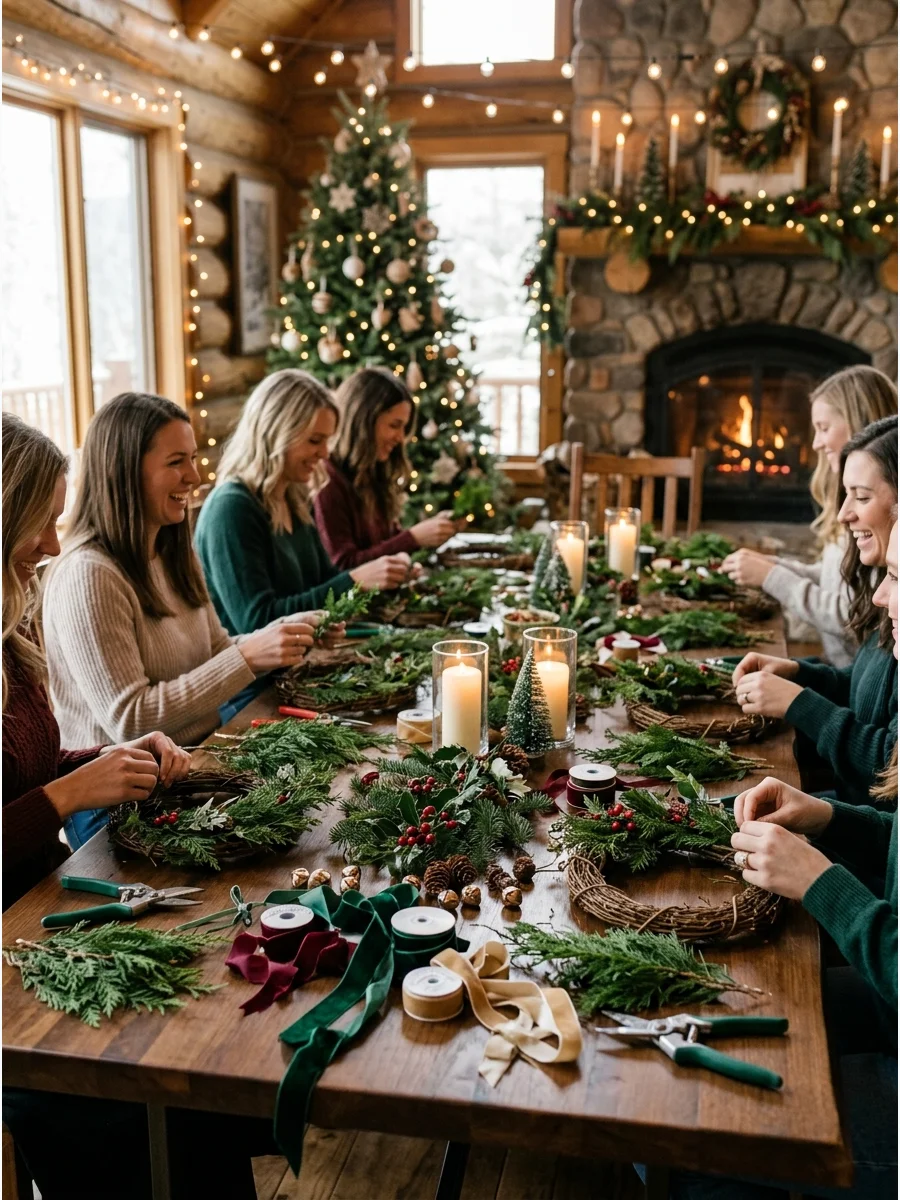 A group of women making cedar wreaths at a rustic wooden table.