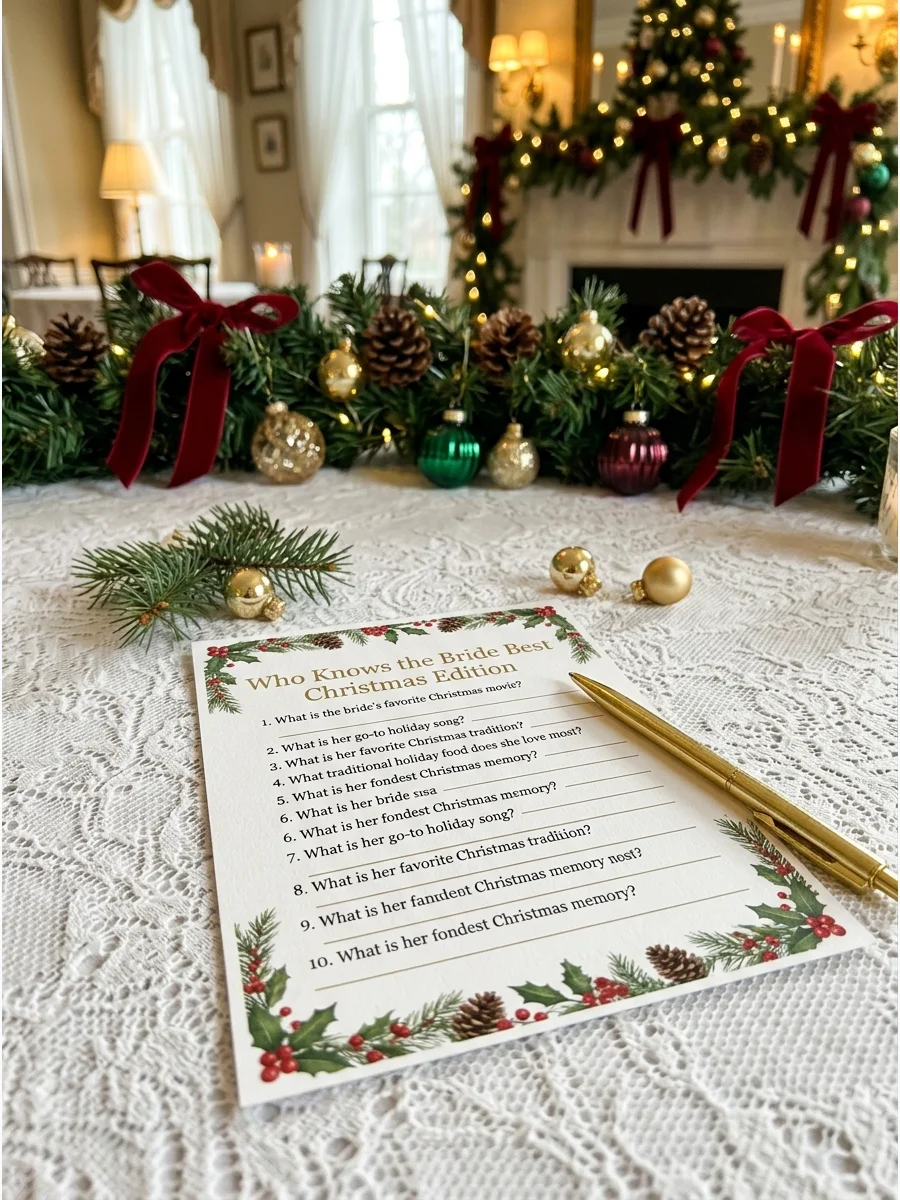 A bridal shower trivia card with Christmas decorations on a lace table.
