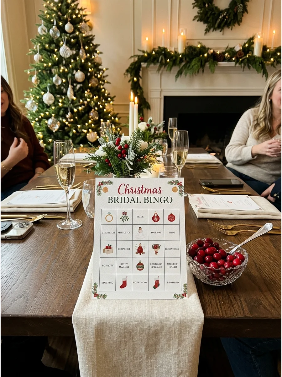 A bridal bingo card with small red cranberries used as markers.