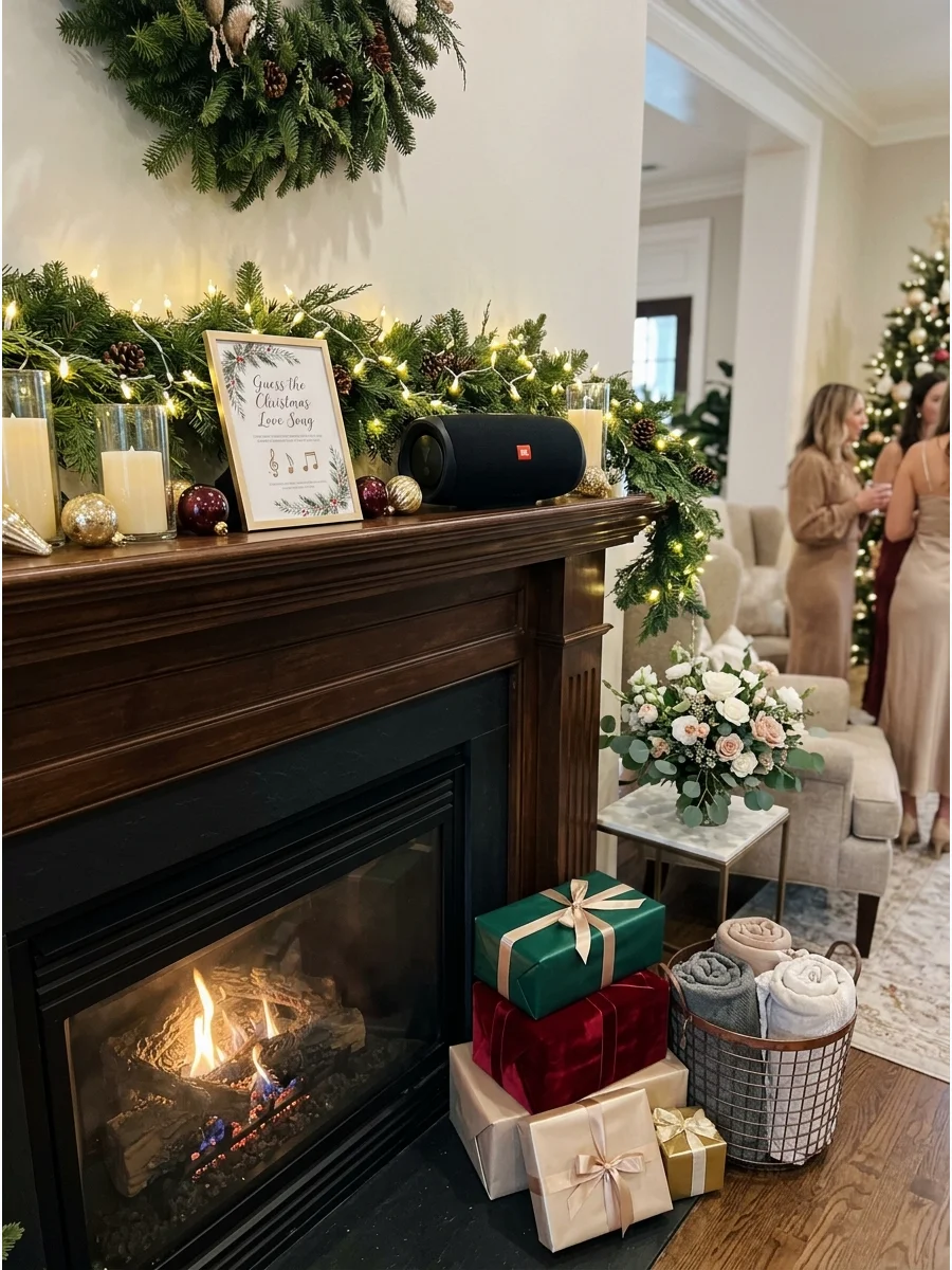 A speaker on a decorated mantel surrounded by Christmas greenery.