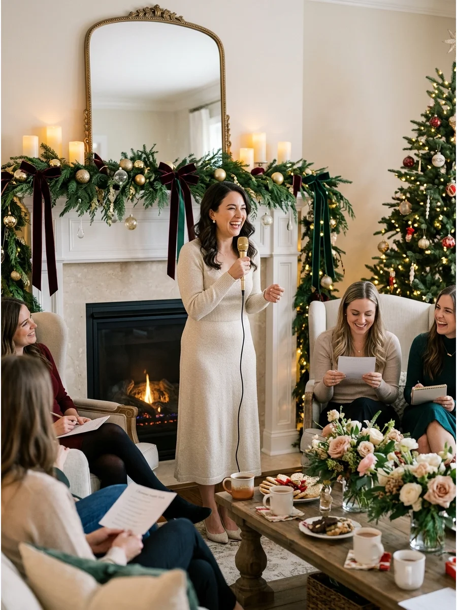 A bride speaking to guests in a cozy living room decorated for Christmas.