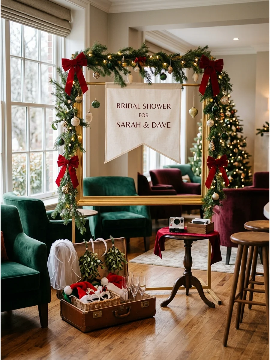 A Christmas-themed photo booth with evergreen garland and gold accents.