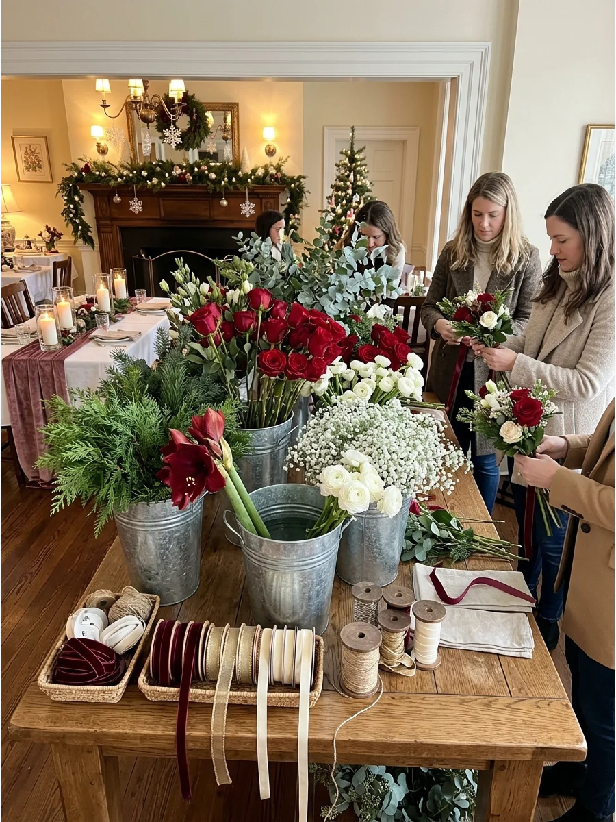 A flower bar with buckets of roses and winter greenery for guests.