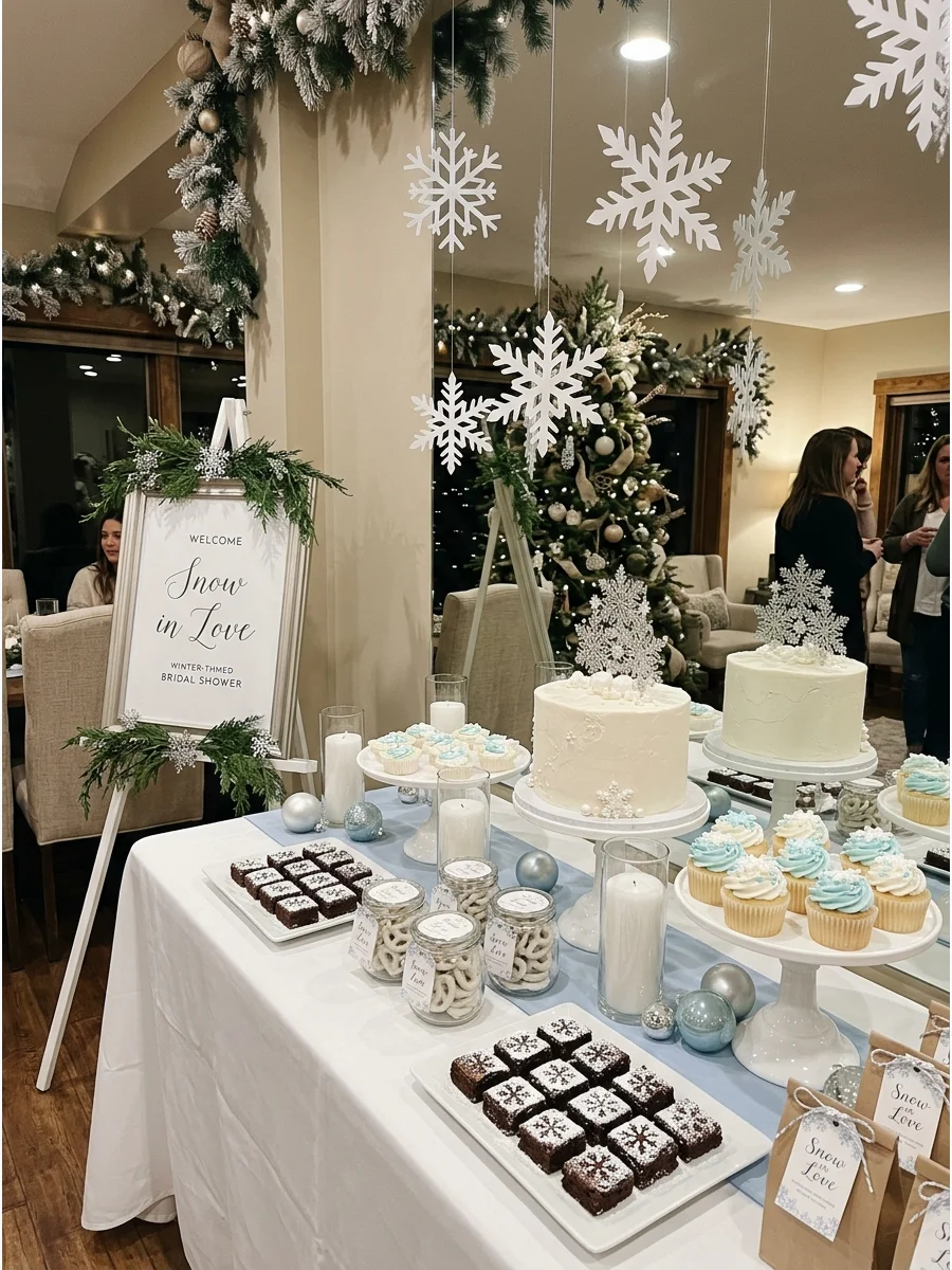 Blue and white dessert table with snowflake accents.