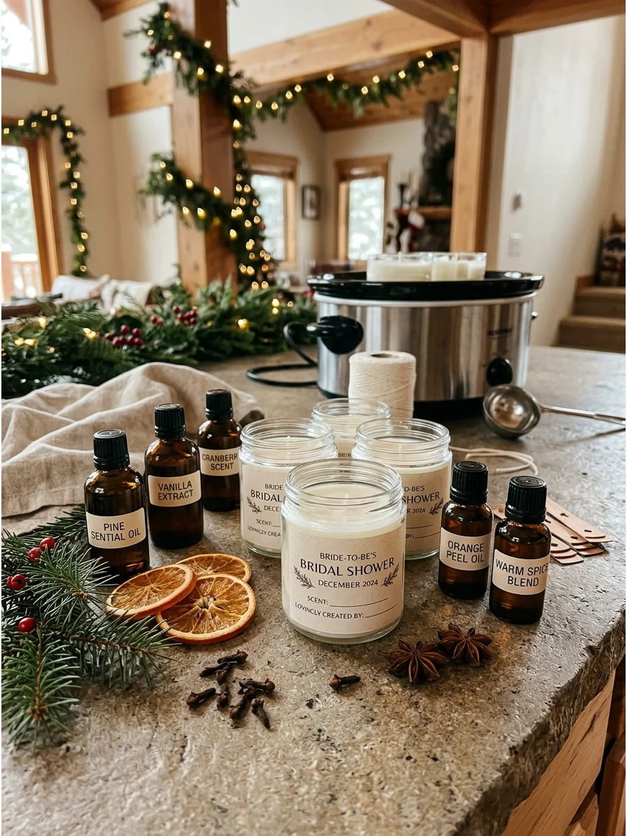 A candle making station with jars and essential oils in a rustic cabin.
