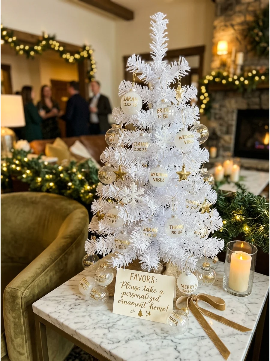 Personalized gold ornaments hanging on a small white Christmas tree.