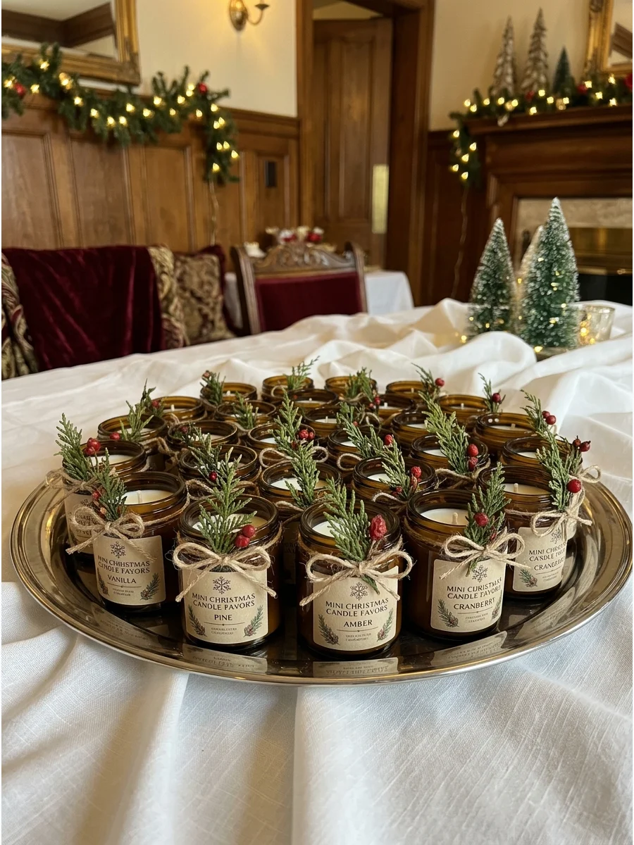 Small amber candles with custom labels arranged on a silver tray.