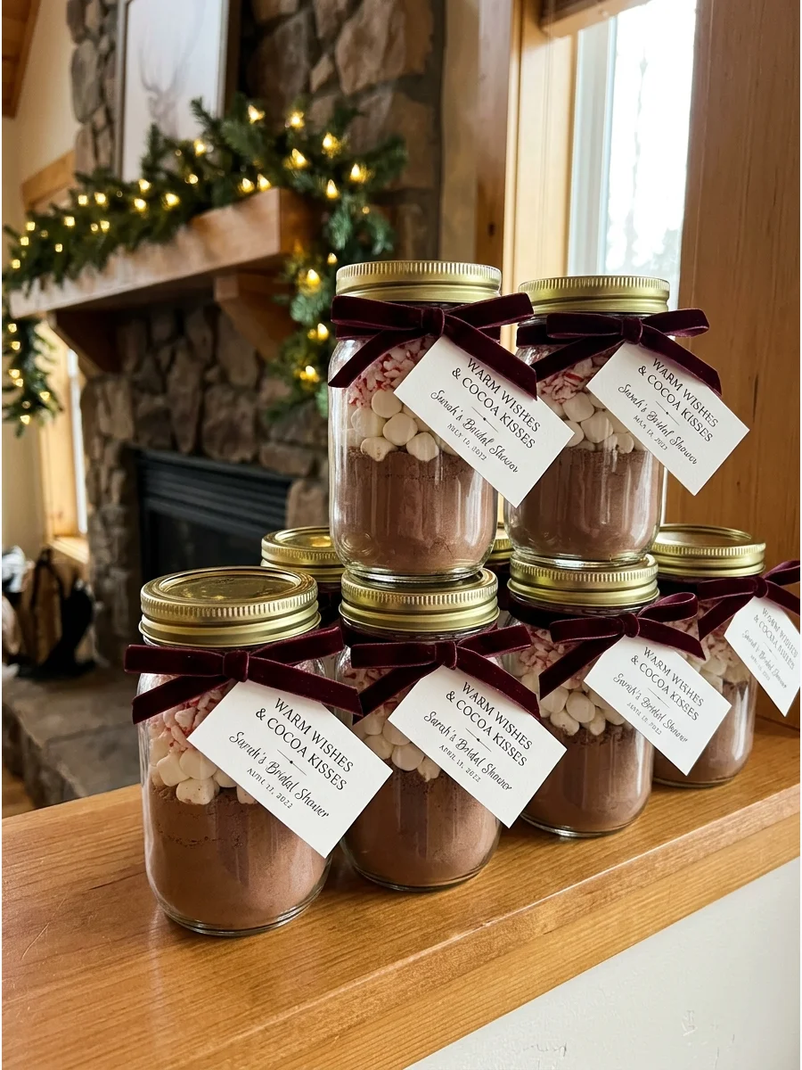 Layered hot cocoa mix in glass jars with red velvet ribbons.