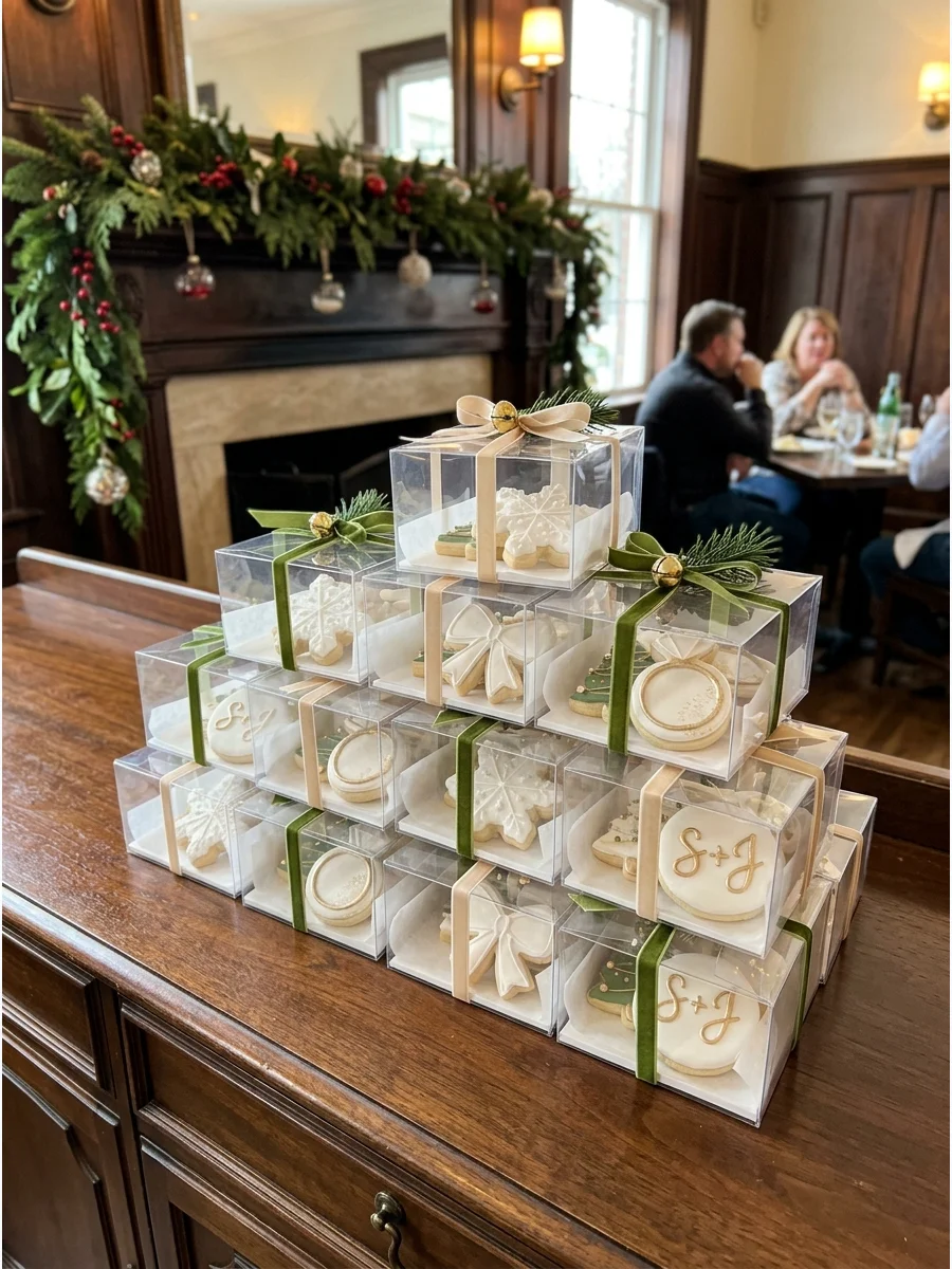 Iced sugar cookies in clear boxes tied with gold cord.