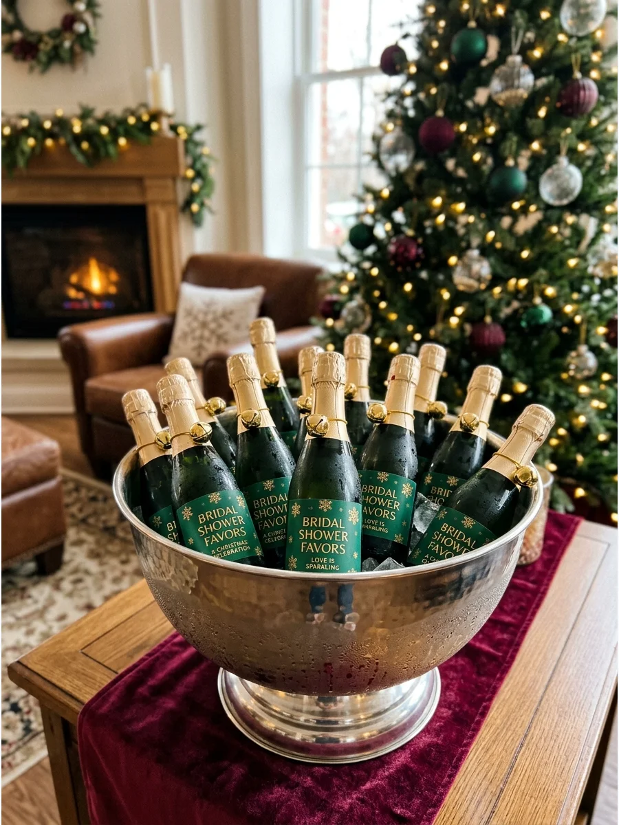 Mini champagne bottles with custom labels and gold bells in an ice bucket.